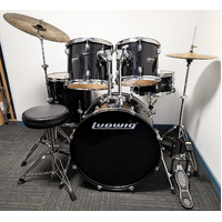 Used Ludwig Accent CS 5 Piece Drum Kit w/Stands +14,18 Cymbals + Stool - Black - Includes Warranty