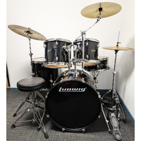 Used Ludwig Accent CS 5 Piece Drum Kit w/Stands +14,16,18 Cymbals + Stool - Black - Includes Warranty