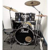 Used Pearl Export 80&#39;s 5 Piece Drum Kit w/Stands + Zildjian 14,16,20 Cymbals + Stool - Black - Includes Warranty