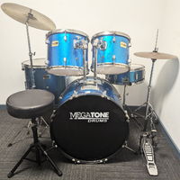 Used Megatone 5 Piece Drum Kit w/Stands Cymbals Stool - Blue - Includes Warranty