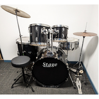 Used Stage 5 Piece Drum Kit w/Stands Cymbals Stool - Black - Includes Warranty