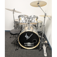 Used DP Percussion 5 Piece Drum Kit w/Stands 14,16,20 Cymbals + Stool - Silver Sparkle - Includes Warranty