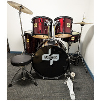 DP Percussion 5 Piece Drum Kit Full Size w/Stands Cymbals + Stool - Wine Red - Used - Includes Warranty