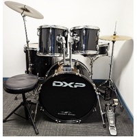 Used DXP 5 Piece Drum Kit Full Size w/Stands Cymbals + Stool - Black - Includes Warranty