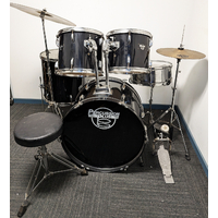 Used Percussion Plus 5 Piece Drum Kit w/Stands Cymbals + Stool - Black -Includes Warranty