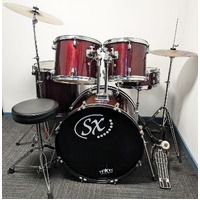 Used SX 5 Piece Drum Kit Full Size w/Stands Cymbals + Stool - Wine Red - Includes Warranty