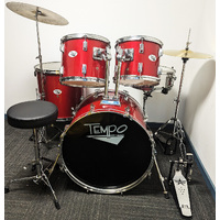 Used Tempo 5 Piece Drum Kit Full Size w/Stands Cymbals + Stool - Red -  Includes Warranty